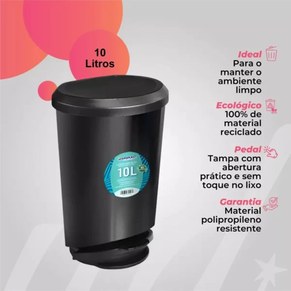 Lixeira Multiuso Para Banheiro Cozinha 10 Litros Preta Com Pedal - Imagem 2
