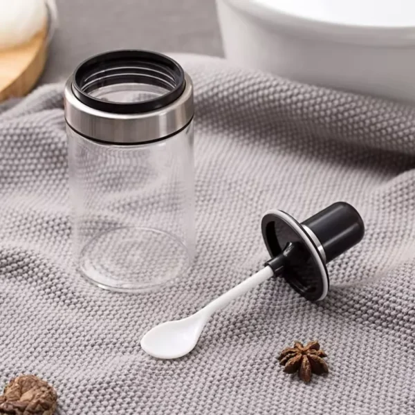 Porta Temperos Vidro Com Colher Açúcar Sal Pimenta Condimentos Orégano Tomilho Recipiente Cozinha Armazenamento Tampa Plástica - Imagem 4