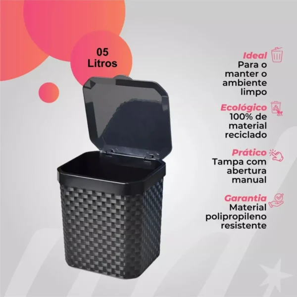 Lixeira De Pia 05 Litros Preta Banheiro Cozinha Multiuso Cesto de Lixo - Imagem 3