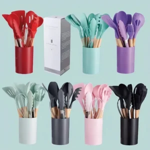 BRINDE MISTERIOSO + KIT de Cozinha Conjunto com 12 peças Jogo de Utensilios Culinários Cabo de Madeira Antiaderente PROMOÇÃO