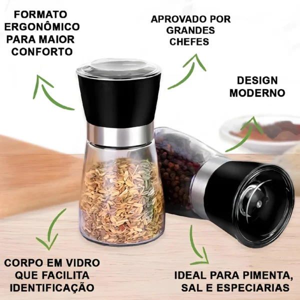 Kit 2 Moedor Triturador De Temperos, Sal, Pimenta E Especiarias De Vidro e Inox - Imagem 4