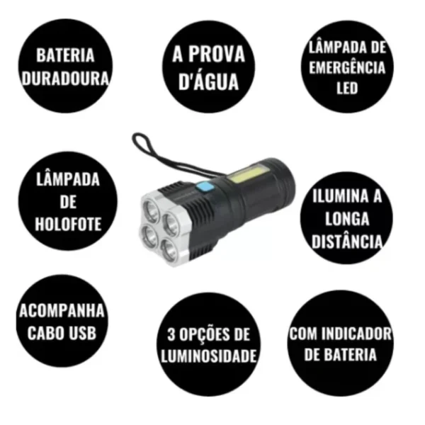 Lanterna Led Potente multi-funções 5 em 1-Ultra Brilhante Com Uso Externo De Longo Alcance-Recarregável Usb Portátil - Imagem 2