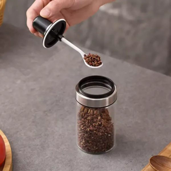 Porta Temperos Vidro Com Colher Açúcar Sal Pimenta Condimentos Orégano Tomilho Recipiente Cozinha Armazenamento Tampa Plástica