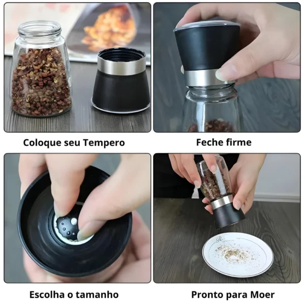 Kit 2 Moedor Triturador De Temperos, Sal, Pimenta E Especiarias De Vidro e Inox - Imagem 3