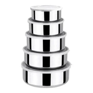 Jogo 5 Potes Tigelas em Inox Alumínio Com Tampa Redondo Praticidade Armazenamento Eficiente e Elegante com Tampa Redonda Inclusa