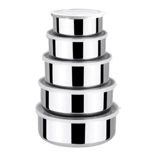Jogo 5 Potes Tigelas em Inox Alumínio Com Tampa Redondo Praticidade Armazenamento Eficiente e Elegante com Tampa Redonda Inclusa