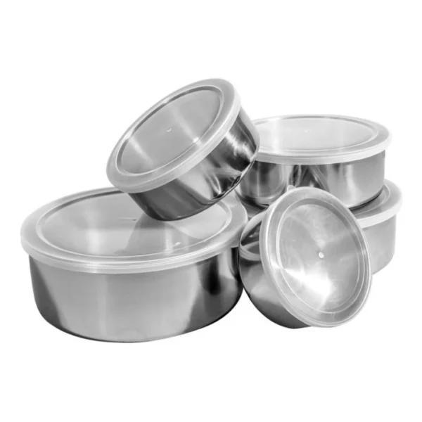 Jogo 5 Potes Tigelas em Inox Alumínio Com Tampa Redondo Praticidade Armazenamento Eficiente e Elegante com Tampa Redonda Inclusa - Imagem 3