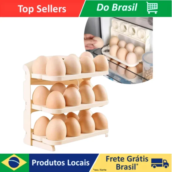 Porta Ovos Suporte 3 Andares Rolante Para 24 Ovos Dispenser Armazenamento e Organizador de Geladeira - Imagem 2
