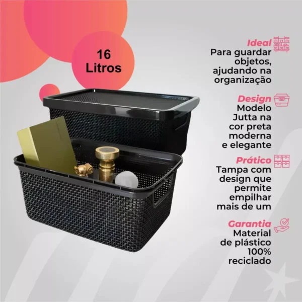 Caixa Organizadora Multiuso Com Tampa 16L Jutta Cor Preta - Imagem 2