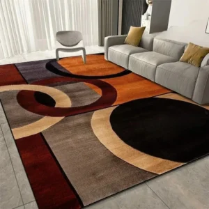 Tapete Curvo Moderno VIKAMA Antiderrapante – Laranja, Bege e Preto com Desenho Geométrico Abstrato para Sala e Quarto